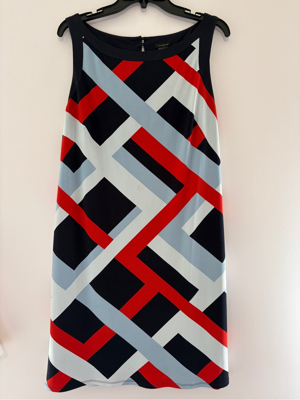 Ann Taylor Navy Shift Dress with Red & Light Blue Geometric Print
